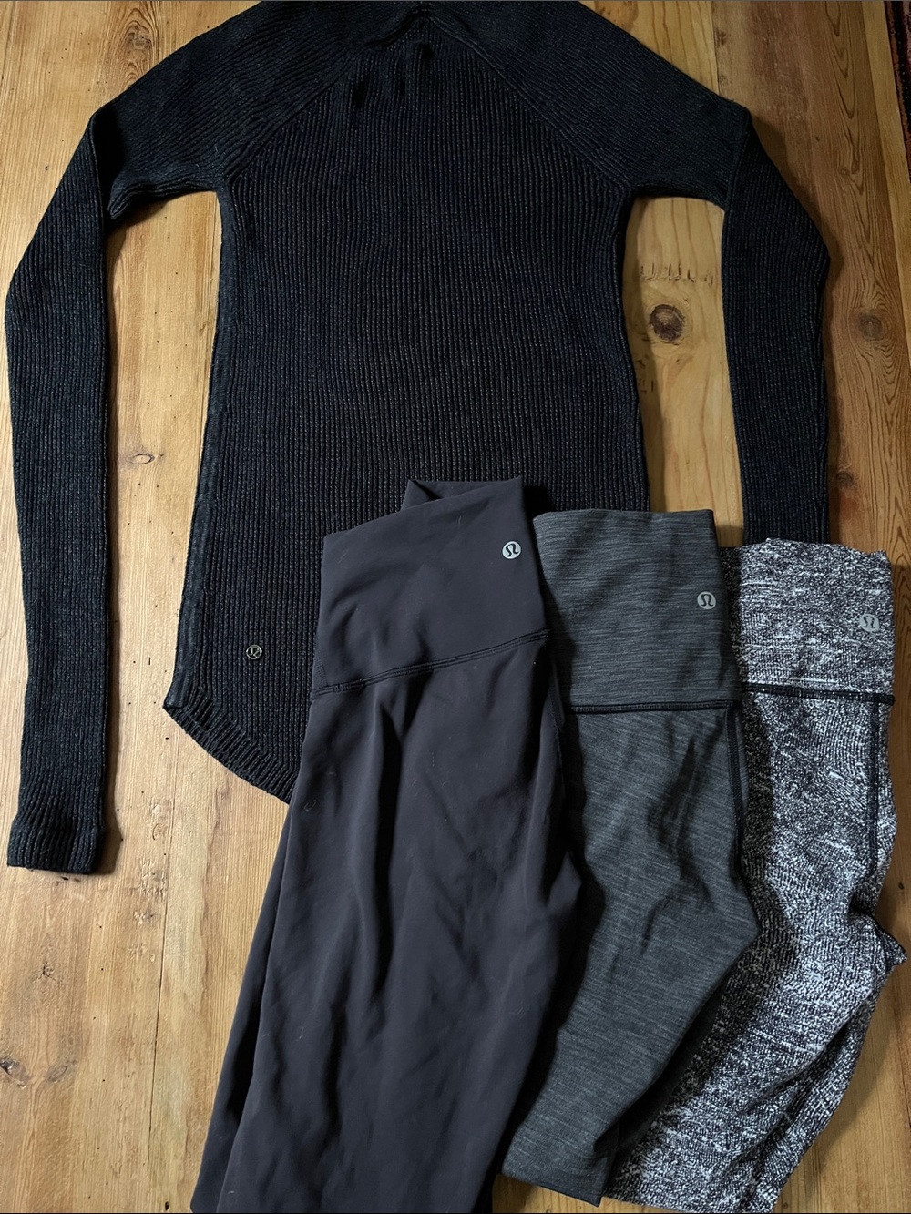 Set/4 LULULEMON 4 Cashmere Knit Sweater Leggings Black Charcoal Static